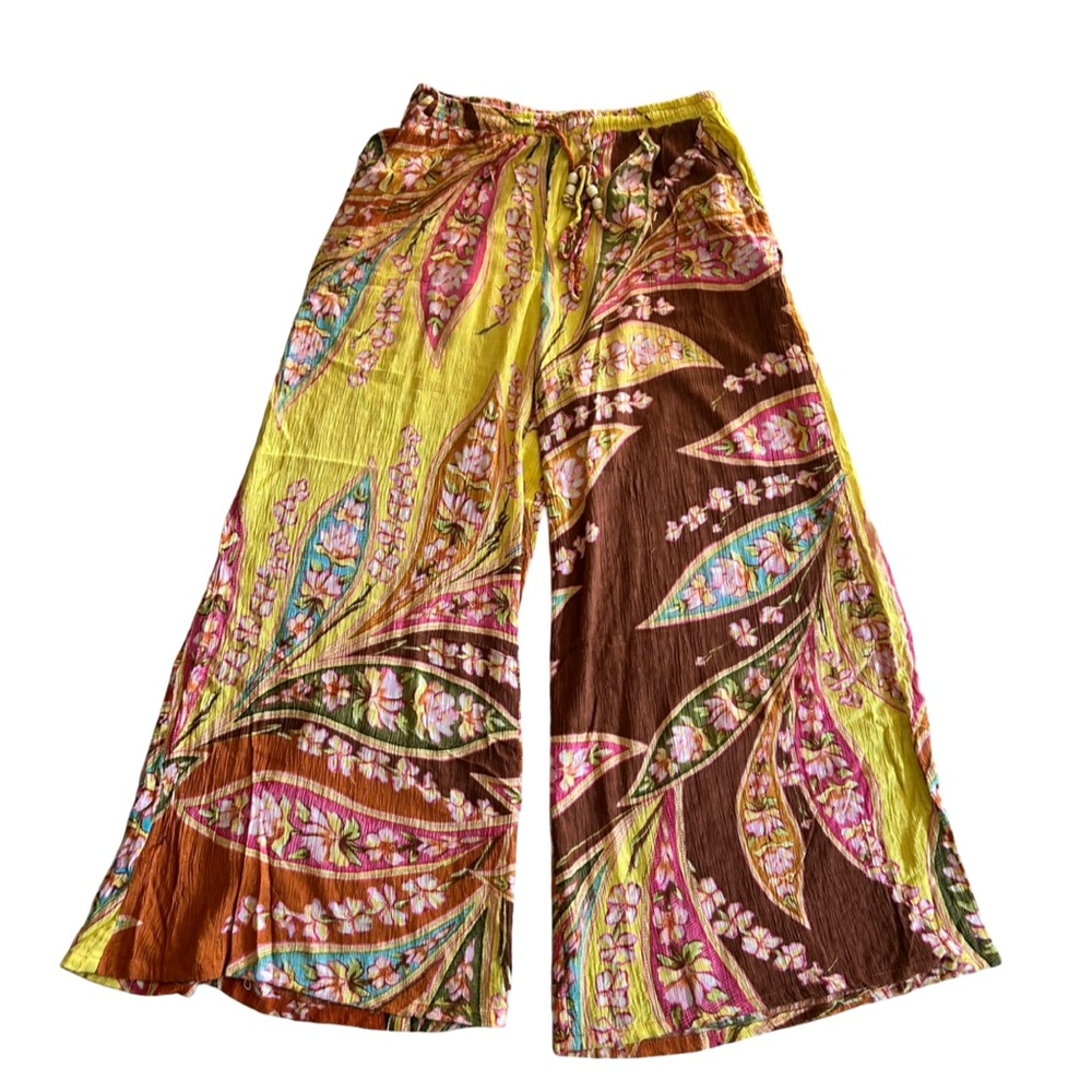 Haute Hippie Orange Yellow Floral Wide Leg Palazzo Print Crepe Pants Size Large - Picture 6 of 13